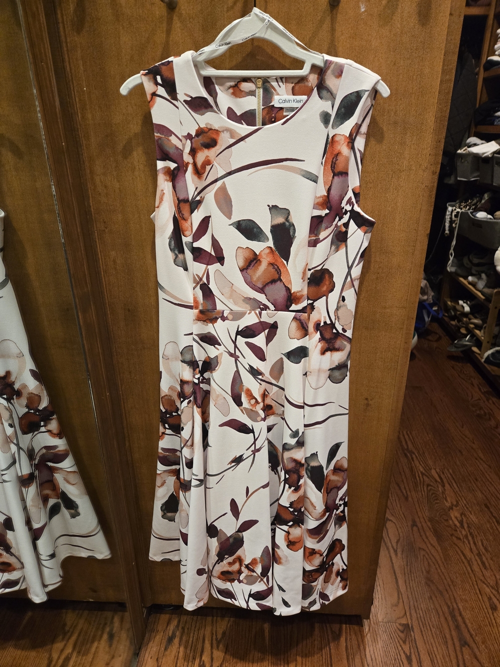 Calvin Klein Cream Midi Dress with Brown & Burgundy Floral Print